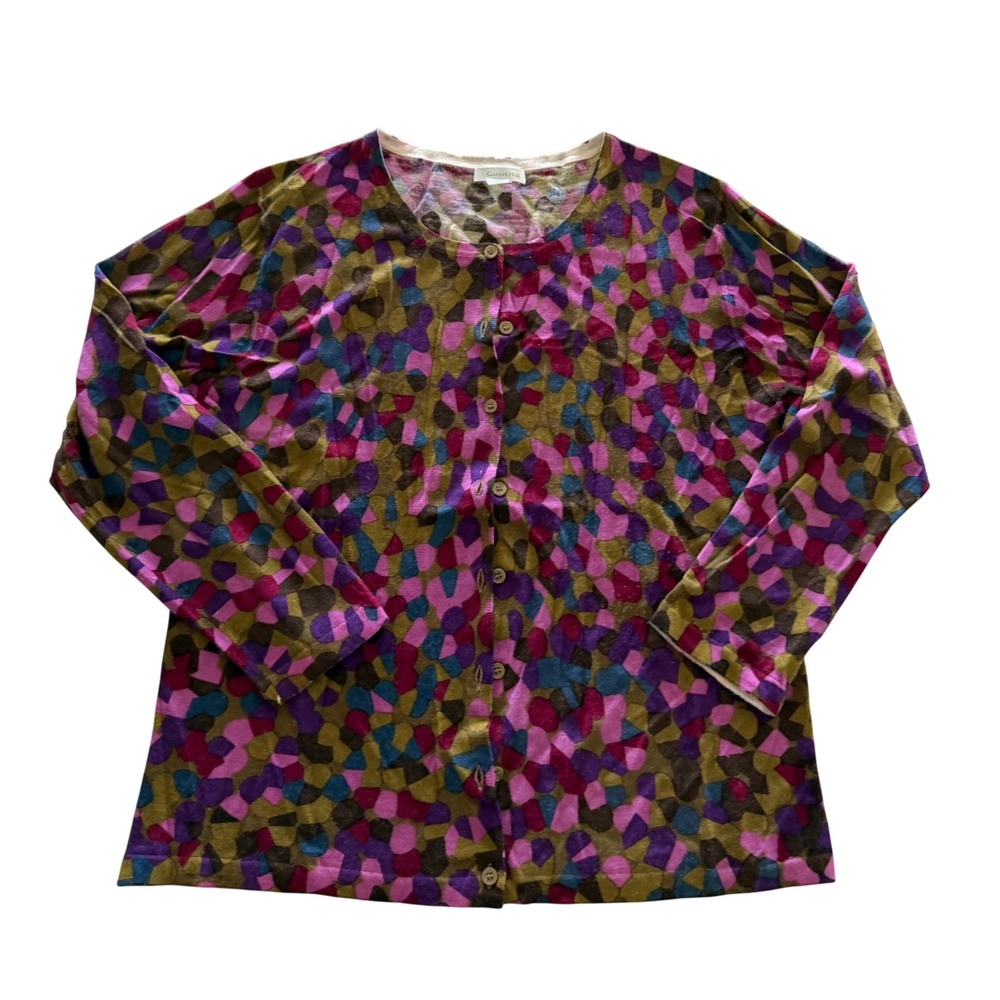 Garnet Hill Womens XL Merino Wool Cardigan Sweater Abstract Mosaic Print Pink